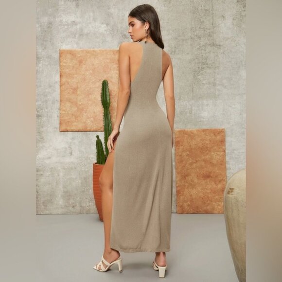 Khaki Sexy Tie Front Split Thigh Dress - Picture 4 of 7